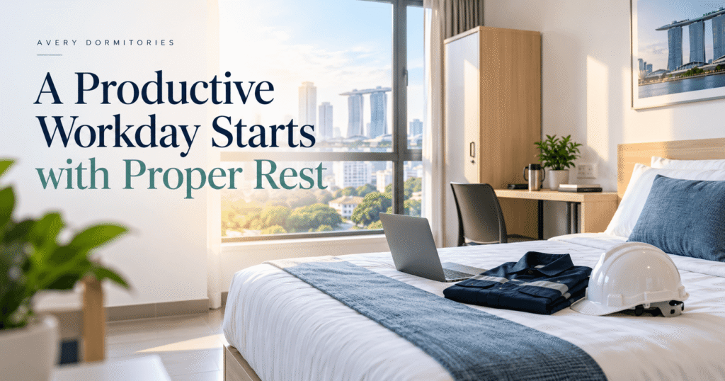 A modern Avery Dormitories room with a comfortable bed, laptop, work desk, and city view, offering a relaxing living space for productive workdays.