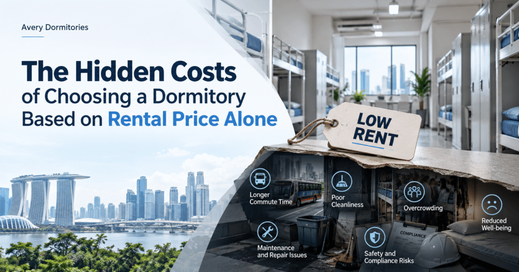 The hidden costs of choosing a dormitory in Singapore based on low rental prices, including longer commute times, poor cleanliness, overcrowding, maintenance issues, and safety risks.